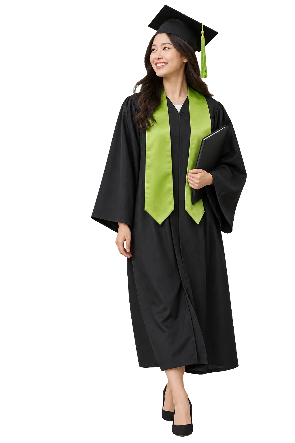An international graduate holding her diploma folder