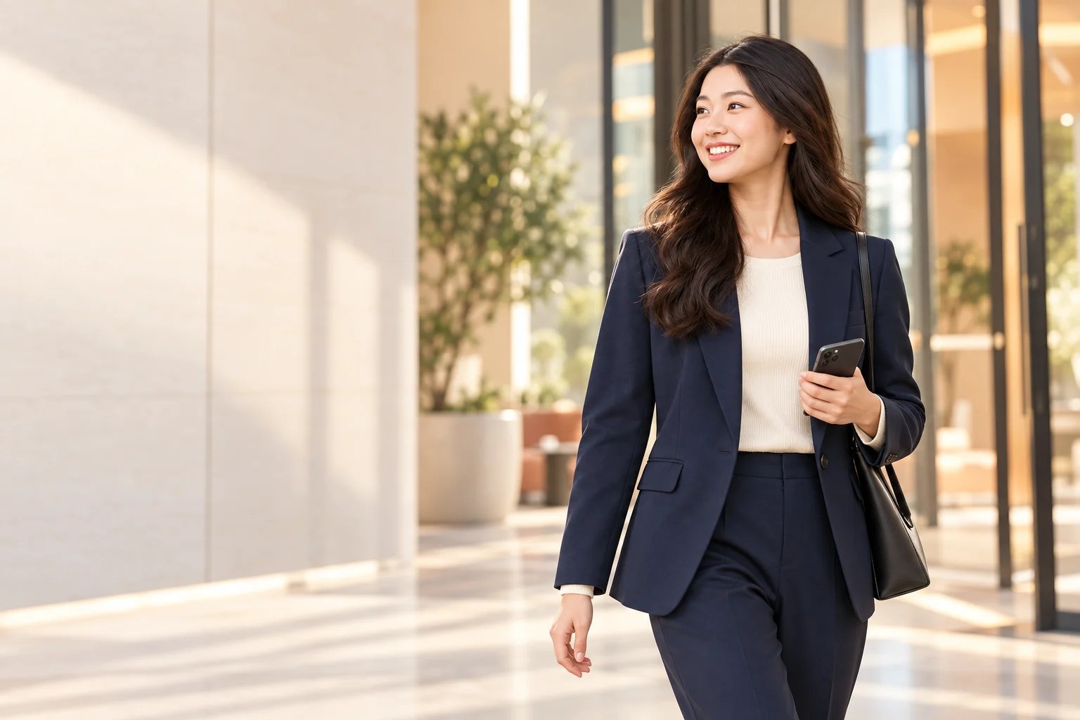 Graduate in business attire holding her phone outside an office