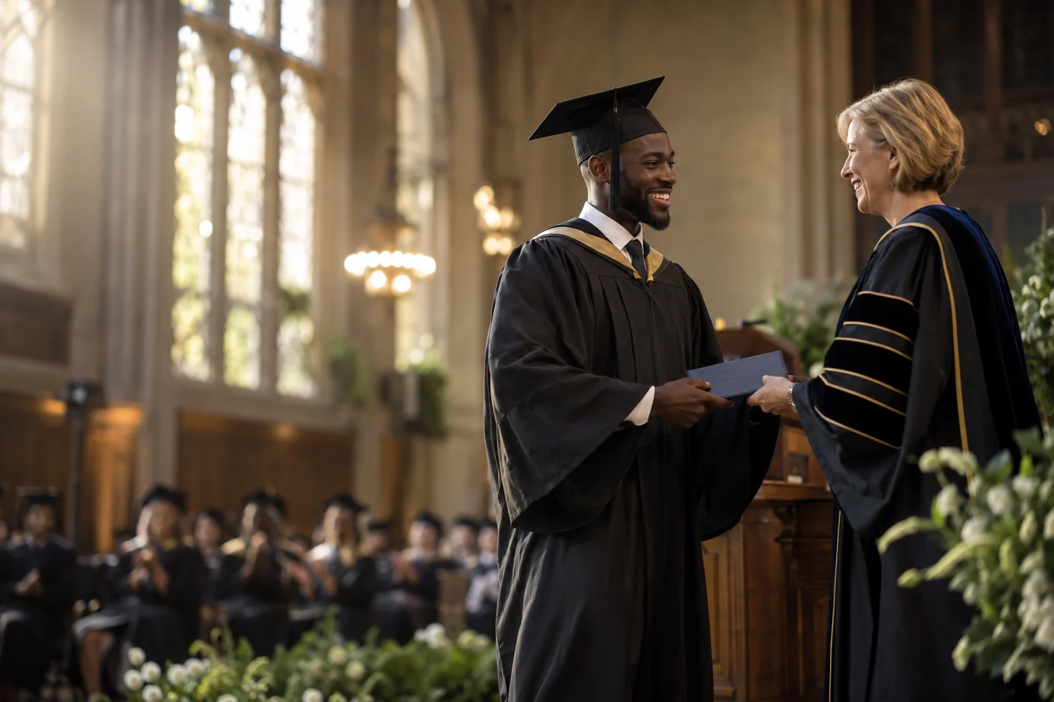 Graduate receiving a degree folder from a university leader at a ceremony